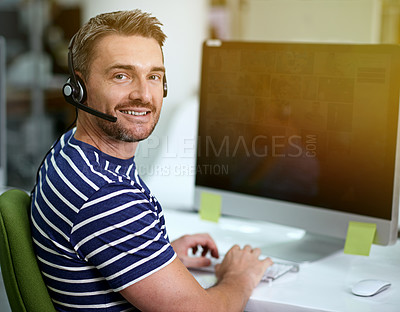 Buy stock photo Cropped portrait of a businessman wearing a headset