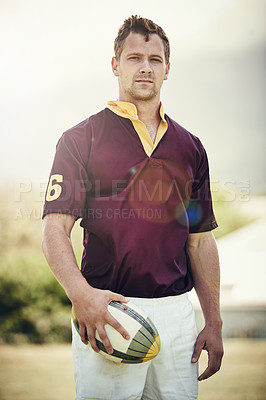 Buy stock photo Rugby, portrait and athlete with man on field for training, health and stadium practice. Challenge, competition and performance with male person in outdoor pitch for exercise, games and workout