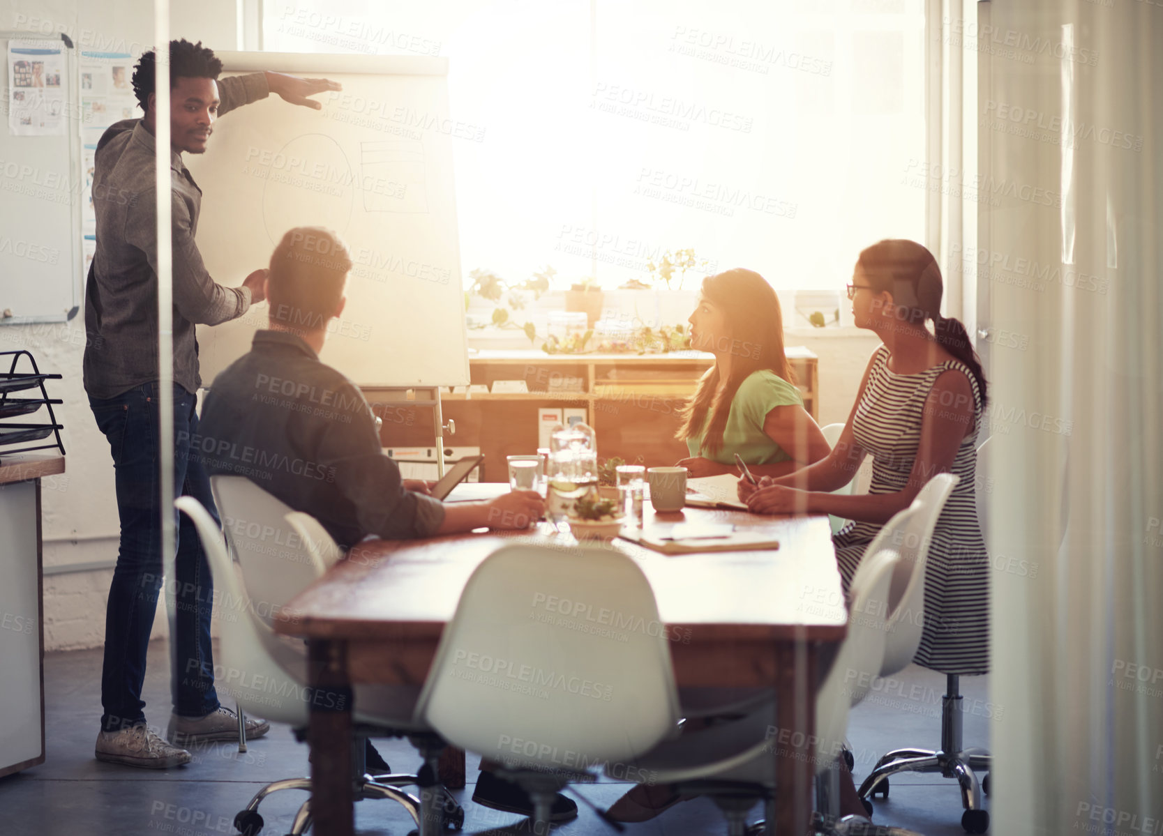 Buy stock photo Presentation, businessman and teamwork in office for meeting, project and leadership. Collaboration, brainstorming and group with diversity in conference room for coaching or strategy for company