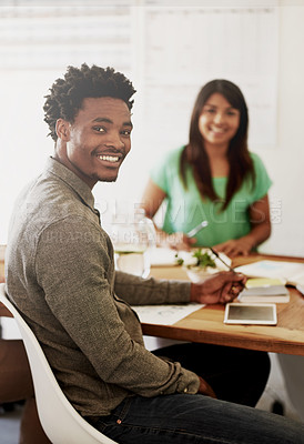 Buy stock photo Man, strategy and happy in boardroom for workshop or training on portrait for skill development. People, employees and smile with confidence for team building and collaboration for career growth