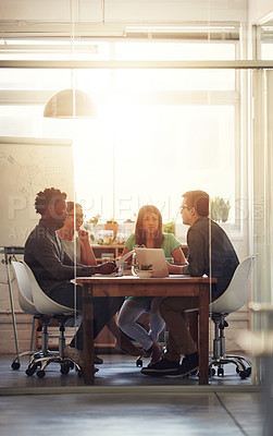 Buy stock photo Working, thinking and brainstorming of office team in a boardroom meeting. Group of digital marketing workers work on a teamwork project together. Business colleagues sitting and planning advertising