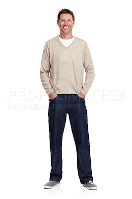 Buy stock photo Full length portrait of a man standing with his hands in his pockets against a white background