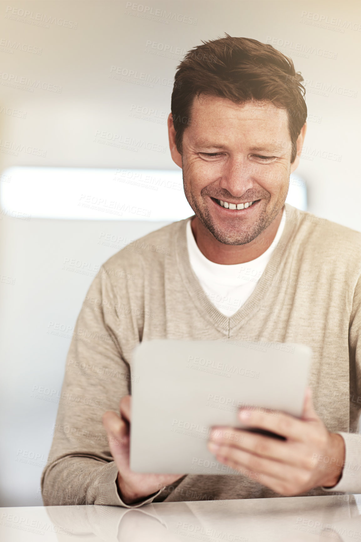Buy stock photo Remote work, smile or man in house with tablet, article edit or source contact for online magazine. WFH, mature or freelancer in home with tech, networking or story pitch for digital report.