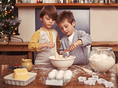 Buy stock photo Boys, baking and playing in home with flour, love and bonding with ingredients for dessert cake. Children, mixing or bowl for christmas cookies on counter, eggs or learning of pastry recipe by cutter