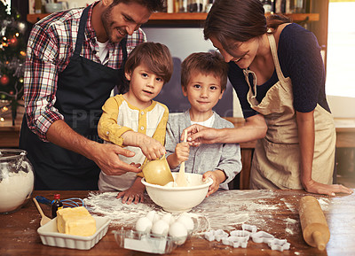 Buy stock photo Family, smile and portrait of kids baking in kitchen, learning or happy boys bonding together with parents in home. Father, mother or face of children cooking with flour, dessert or teaching brothers