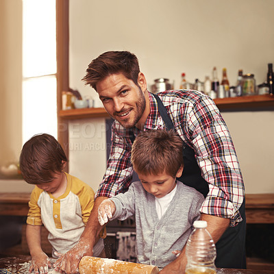 Buy stock photo Father, smile and portrait of kids baking, learning or happy boys bonding together in home. Face, children and dad cooking with flour, rolling pin or teaching brothers with family at table in kitchen