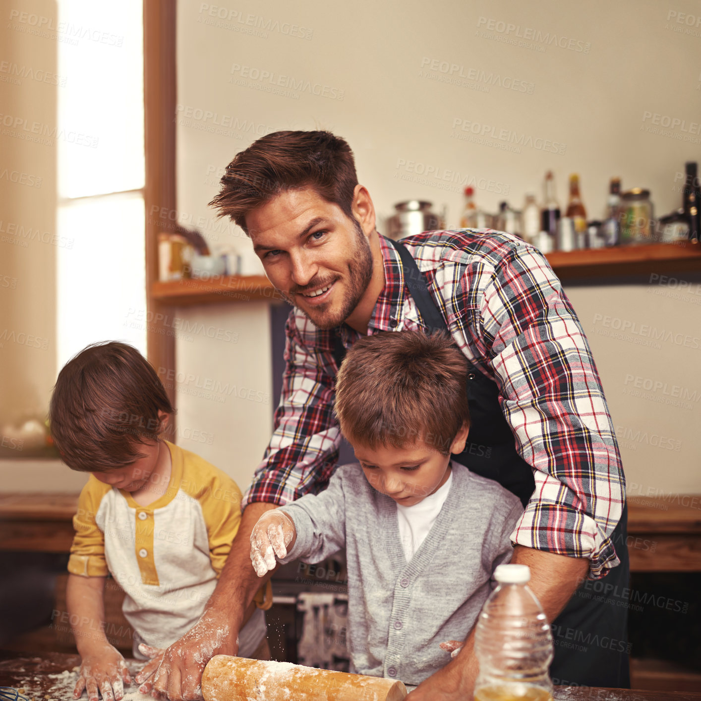 Buy stock photo Father, smile and portrait of kids baking, learning or happy boys bonding together in home. Face, children and dad cooking with flour, rolling pin or teaching brothers with family at table in kitchen