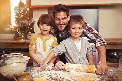 Buy stock photo Dad, happy and portrait of kids baking at Christmas, learning or bonding together in home. Face, children or father cooking at xmas with flour, rolling pin or teaching brothers with family in kitchen