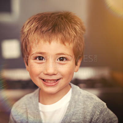 Buy stock photo Portrait, boy and smile for happiness, vacation and resting in home on weekend. Children, lens flare and face of kid for childhood development, growth and positive fun on school holiday in apartment