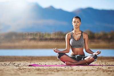 Buy stock photo Woman, meditation and mat in outdoor for yoga practice, wellness and healthy recreation activity in tranquil environment. Young person, sitting and eyes closed for calm and mindfulness on mockup  