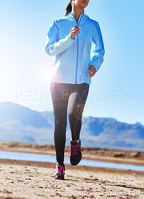 Buy stock photo Mountain, running and exercise for girl, fitness and workout in morning, summer and energy in bridge. Park, runner and female person in sportswear, cardio and training in nature, outdoor and speed