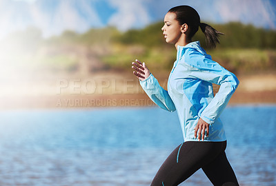 Buy stock photo Morning, running and exercise for girl, lake and workout for athlete, summer and energy in bridge. Park, runner and female person in sportswear, cardio and training in nature, outdoor and fast speed