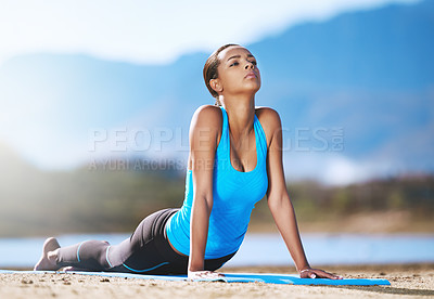 Buy stock photo Outdoor, yoga and girl stretching back in countryside for calm exercise in nature of desert. Fitness, training and woman in workout for health, wellness or breathe with zen in summer environment