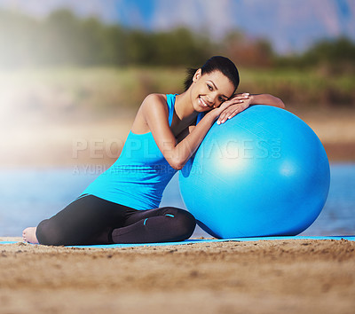 Buy stock photo Woman, portrait and yoga ball or outdoor for pilates stretching to lose weight, balance or mobility. Female person, face and smile outside for healthy workout or physical activity, training or nature
