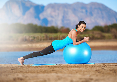 Buy stock photo Woman, portrait and yoga ball or outdoor balance for stretching legs, pilates or mountain. Female person, fitness and outside for healthy core workout or lake physical activity, mobility or training