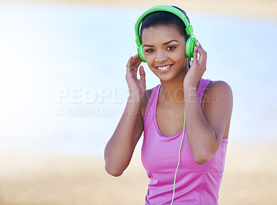 Buy stock photo Fitness, portrait and woman with headphones outdoor listening to music, podcast or radio for running. Sports, nature and Mexican female athlete runner streaming song for cardio workout or training.