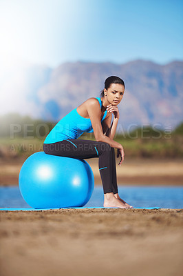 Buy stock photo Woman, portrait and yoga ball in nature or pilates stretching to lose weight, balance or mobility. Female person, face and outside at lake for health workout or physical activity, summer or exercise