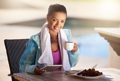 Buy stock photo Woman, portrait and coffee with tablet or outdoor after workout with fitness app, breakfast or nutrition. Female person, face and restaurant for exercise snack or digital trainer, wellness or health
