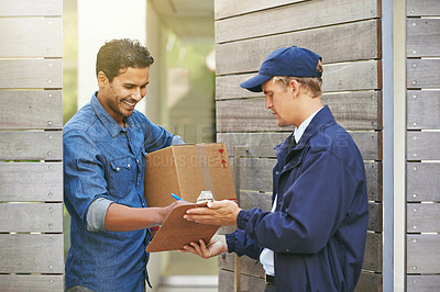 Buy stock photo Delivery, sign and man in home with box for shipping, logistics and online shopping with courier. Ecommerce, paperwork and customer with signature for package, parcel and cargo receipt for service