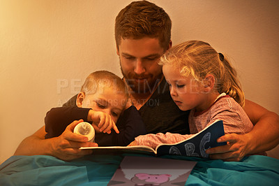 Buy stock photo Night, kids or dad reading book in home for learning, education or storytelling in bedroom for care. Family, relax or father with children siblings for a fantasy with a girl, boy or support for love