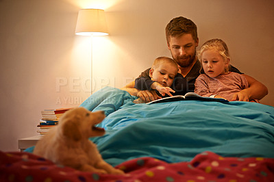 Buy stock photo Night, children or father reading book in bed for learning, education or storytelling at home with dog. Family, relax or dad with siblings for a fun fantasy with a pet puppy, golden retriever or kids