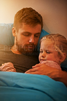 Buy stock photo Child, hug or dad sleeping in bed for calm peace or dream to relax in a family home with support or love. Father, girl and tired single parent on break in bedroom nap for resting at night with a kid