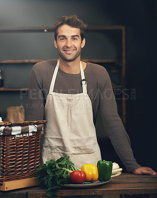 Buy stock photo Chef, smile and portrait of man in kitchen with vegetables for vegetarian meal, healthy diet or vegan nutrition. Cooking, happiness and confident male cook from Canada in restaurant or small business