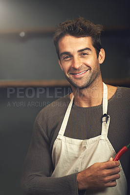 Buy stock photo Chef, hot pepper and portrait of man in kitchen with vegetables for vegetarian, healthy diet or vegan ingredients. Smile, male cook holding chilli and food for spices from Norway for cooking in home