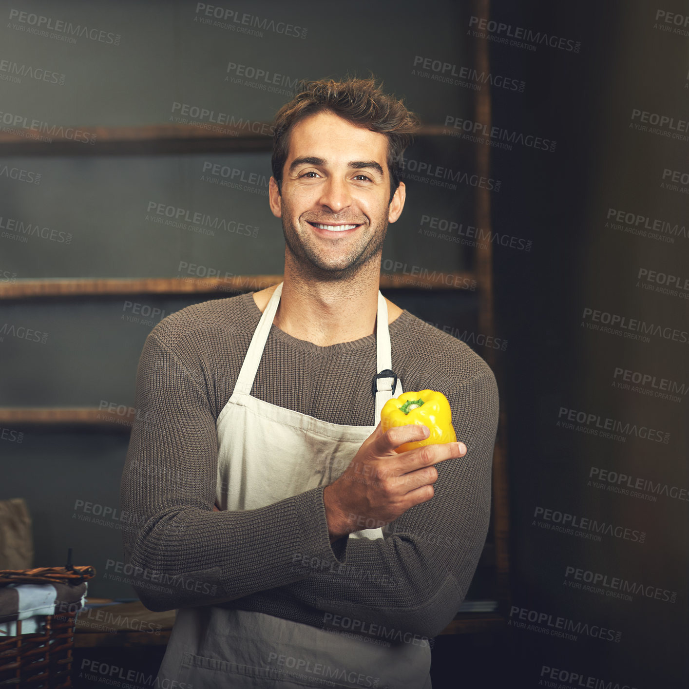 Buy stock photo Chef, bell pepper and portrait of man in kitchen with vegetables for vegetarian, healthy diet or vegan ingredients. Smile, male cook holding capsicum and food from Norway for cooking in restaurant.