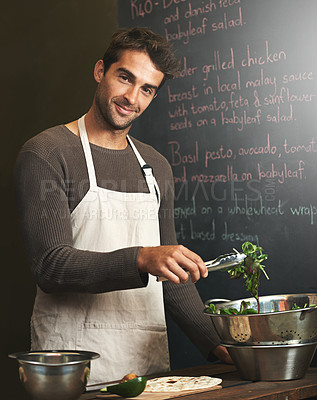 Buy stock photo Chef, man and portrait with salad in kitchen for delicious meal, healthy diet and nutrition. Cooking, vegetables and male cook preparing vegan food for fine dining in restaurant or small business.