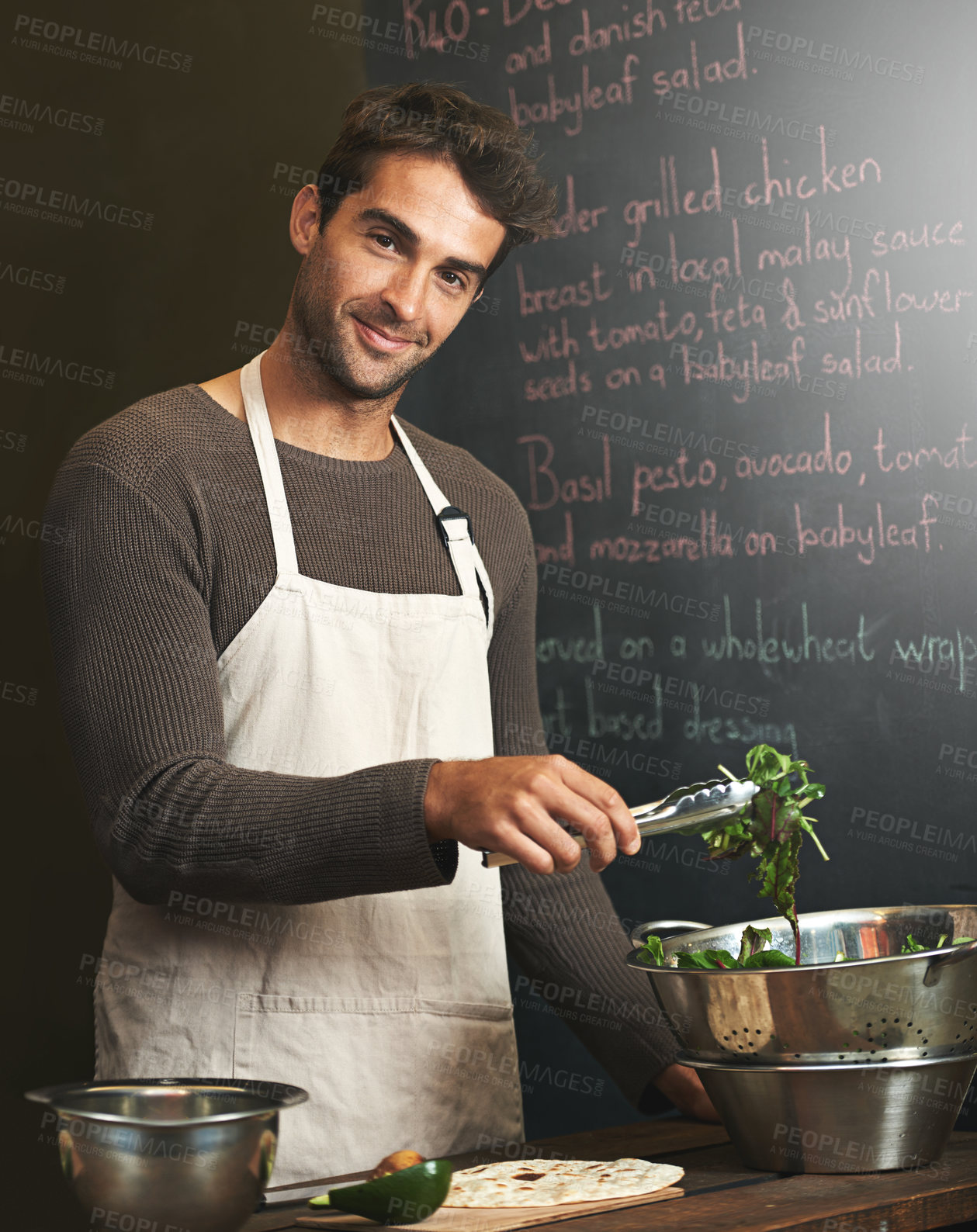 Buy stock photo Chef, man and portrait with salad in kitchen for delicious meal, healthy diet and nutrition. Cooking, vegetables and male cook preparing vegan food for fine dining in restaurant or small business.