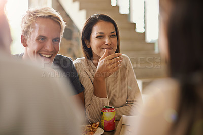 Buy stock photo Pizza, smile and social gathering with couple of friends eating together in restaurant for bonding. Happy, funny or laughing with group of young men and women enjoying fast food or conversation