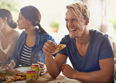 Buy stock photo Friends, man and eating of pizza in home with laughing, soda and social gathering for bonding in dining room. Men, women and fast food with joke, funny and diversity at table in lounge of apartment