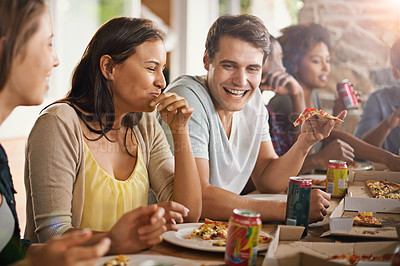 Buy stock photo Friends, laughing and eating of pizza in home with happiness, soda and social gathering for bonding in dining room. Men, women and fast food with funny joke and diversity at table in lounge of house