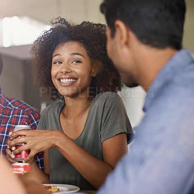 Buy stock photo Smile, pizza and soda with friends in restaurant together for party, meal or hunger at social gathering. Face, bonding and conversation with happy young woman eating fast food for celebration