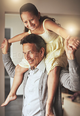 Buy stock photo Smile, piggyback or happy grandfather with a girl playing or holding hands with love in family home. Elderly grandpa, kid or old man relaxing, bonding or enjoying quality time together in retirement 