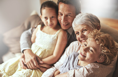 Buy stock photo Smile, relax or happy grandparents with a children hug to embrace love together in family home in retirement. Elderly grandma, old man or kids relaxing, bonding or enjoying quality time together 