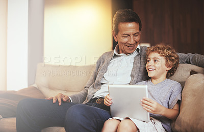 Buy stock photo Tablet, child or happy grandfather talking or smiling in conversation in retirement at home to relax. Grandparent or kid loves bonding or speaking to a mature old man or streaming movies together