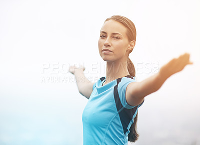 Buy stock photo Portrait, fitness and stretching with sports woman outdoor in mountains for morning cardio training. Exercise, health and wellness with confident young runner getting ready for workout in mist
