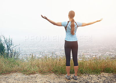 Buy stock photo Exercise, freedom and sports with runner woman outdoor in mountains for cardio training or workout. Fitness, nature and view with athlete running in foggy morning for health or wellness from back