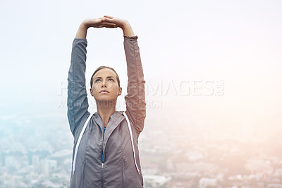 Buy stock photo Exercise, running and stretching with sports woman outdoor in mountains for morning cardio training. Fitness, health and wellness with young runner or athlete getting ready for workout in mist