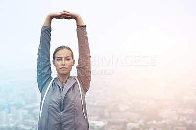 Buy stock photo Portrait, running and stretching with sports woman outdoor in mountains for morning cardio training. Fitness, health and wellness with young runner or athlete getting ready for exercise in mockup
