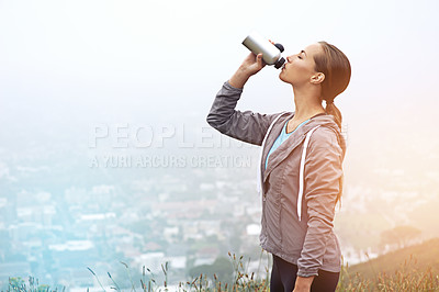 Buy stock photo Fitness, woman and drinking water outdoor after training, workout or exercise in winter by fog. Bottle, hydration and thirsty person with liquid in nature for body health or nutrition on mockup space