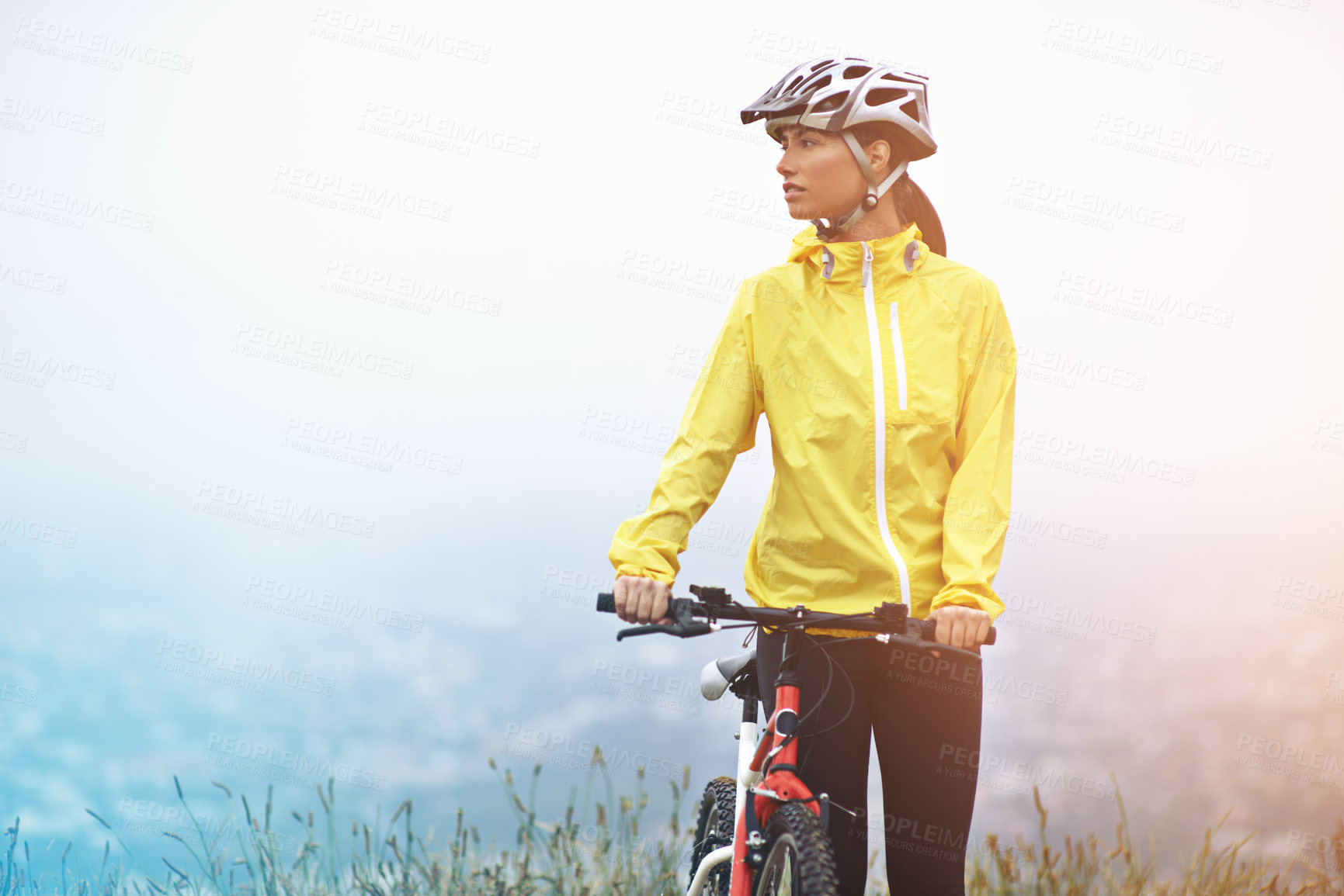 Buy stock photo Thinking, sports and woman with bike in mountains for morning exercise, training or off road hobby. Cycling, fitness and idea with confident young athlete in countryside or nature for workout ride