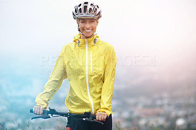 Buy stock photo Portrait, fitness and woman with bike in mountains for morning exercise, training or off road hobby. Cycling, smile and sports with happy young athlete in countryside or nature for workout ride