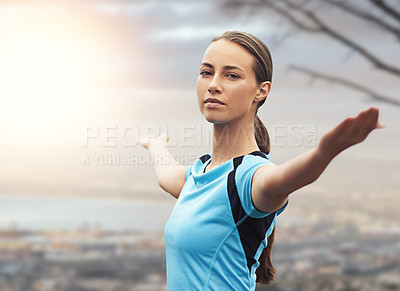 Buy stock photo Portrait, exercise and freedom with sports woman outdoor in mountains for morning cardio training. Fitness, health and running with confident young athlete getting ready for workout in mist