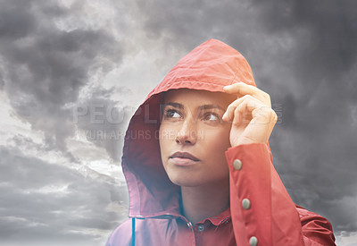 Buy stock photo Rain coat, woman and clouds with weather, outdoor and freedom with break and traveling. Person, winter or girl with cover or carefree with overcast and storm with fog or wet with water and nature