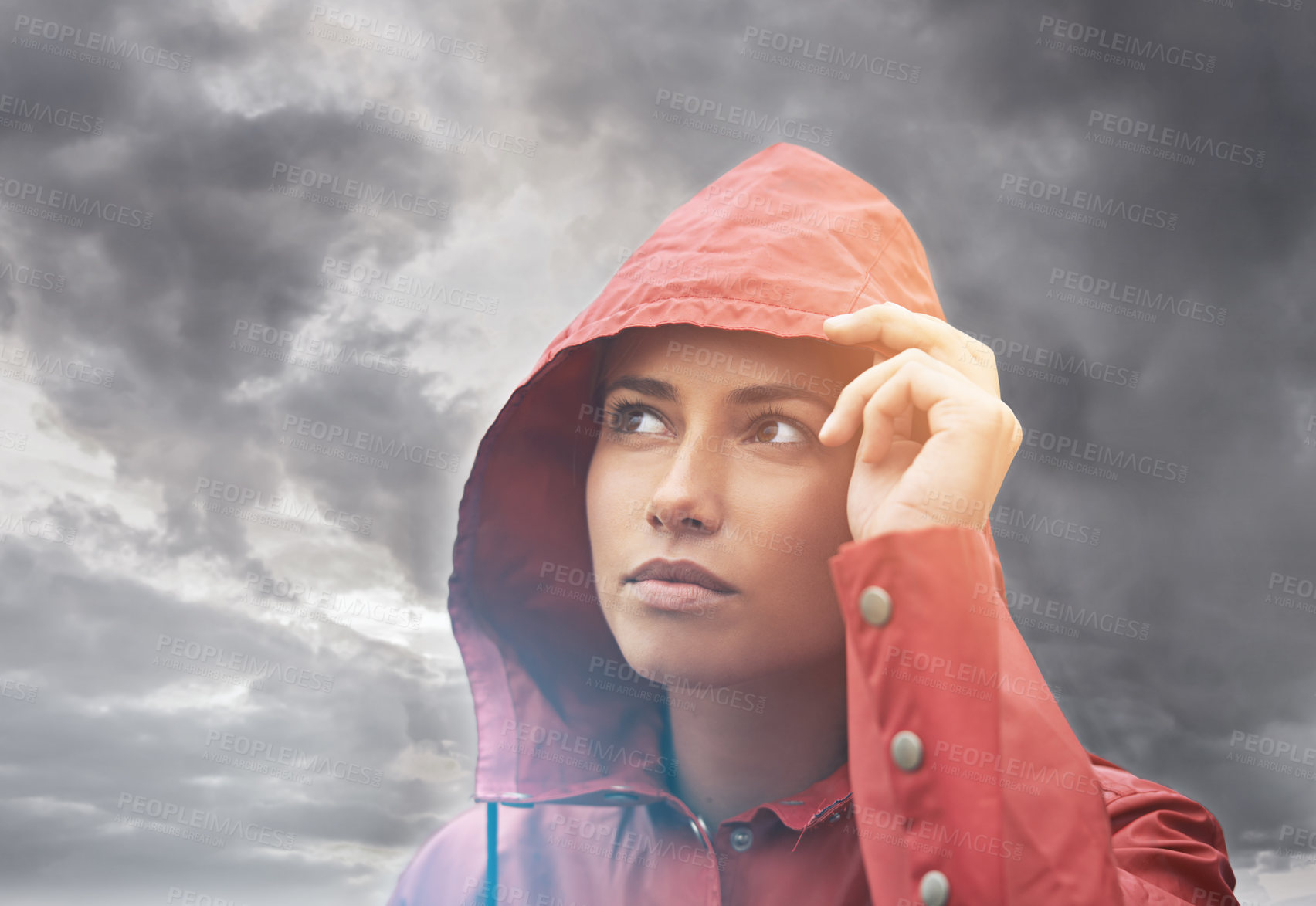 Buy stock photo Rain coat, woman and clouds with weather, outdoor and freedom with break and traveling. Person, winter or girl with cover or carefree with overcast and storm with fog or wet with water and nature