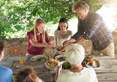 Buy stock photo Food, health and happy with family at lunch in outdoor for smile, bonding and celebration. Vacation, barbecue and event with parents and children eating together for dining, generations and wellness