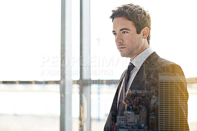 Buy stock photo Cropped shot of a businessman standing in the lobby